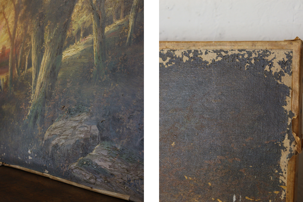 Q117-2 フランスの古い絵画 風景画 夕焼け